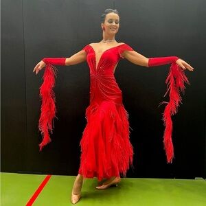 Elegant Red Feathered Ballroom Competition Dress